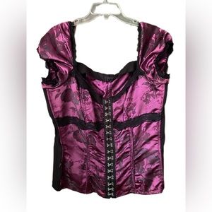 Y2K Tripp NYC Corset Top Satin like Lace Brocade Boned Hot Topic Purple & Black